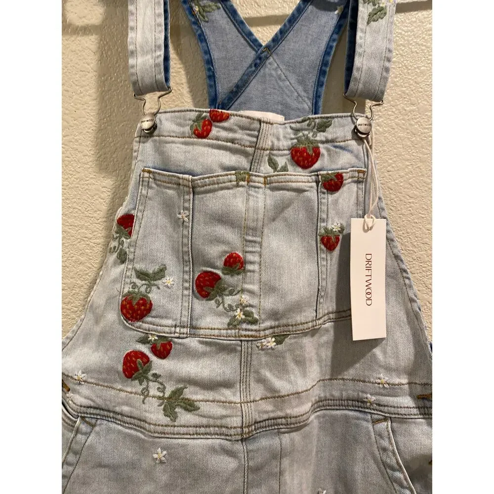 Driftwood NWT Strawberry Fields Embroidered Denim Shortalls Size L